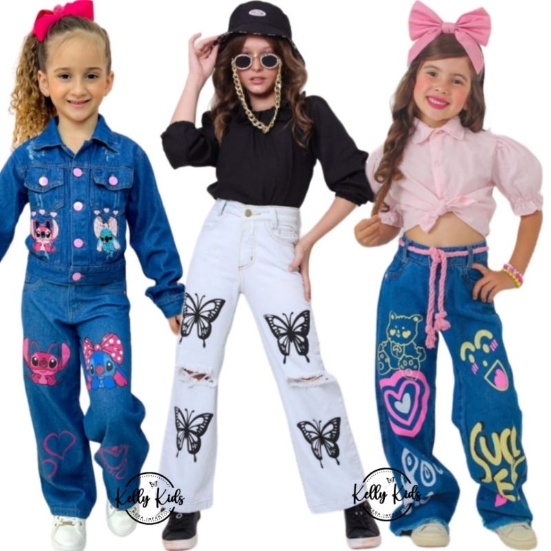 Calça Jeans Infantil Wide Leg Pantalona.