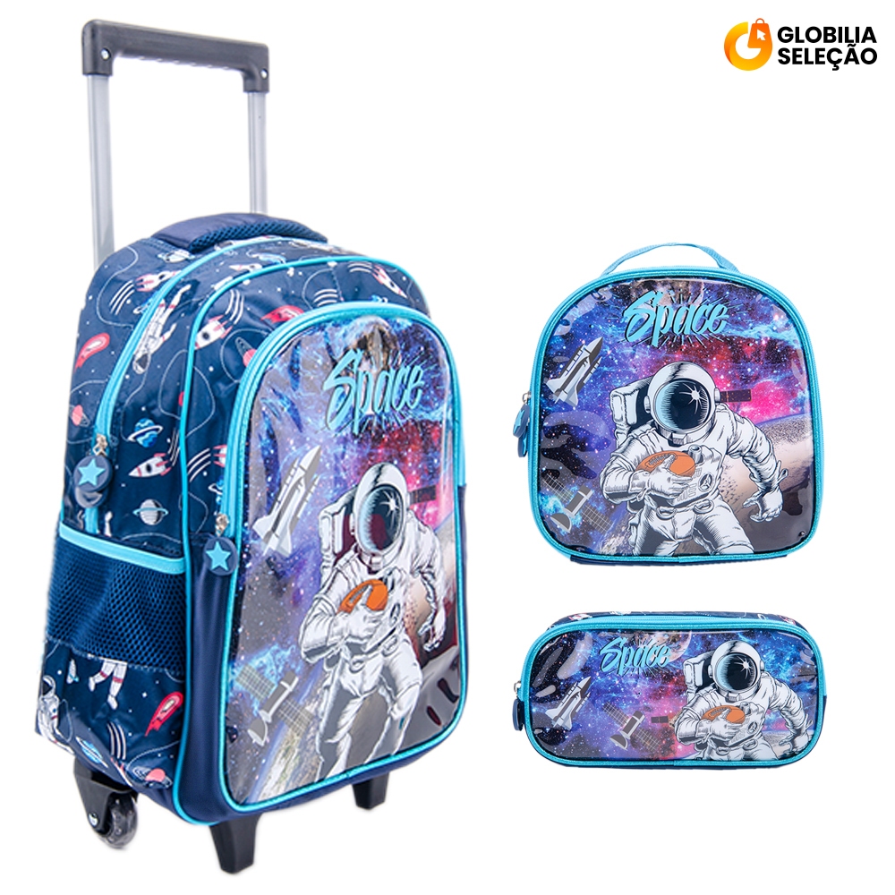 Kit Mochila Escolar Infantil de Rodinhas Menino Bo