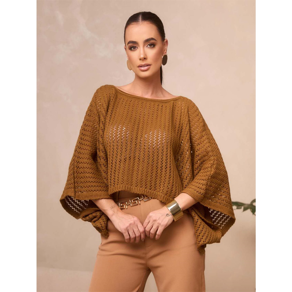 Poncho #MX-50 tricot ponto crochê furos capa sobr