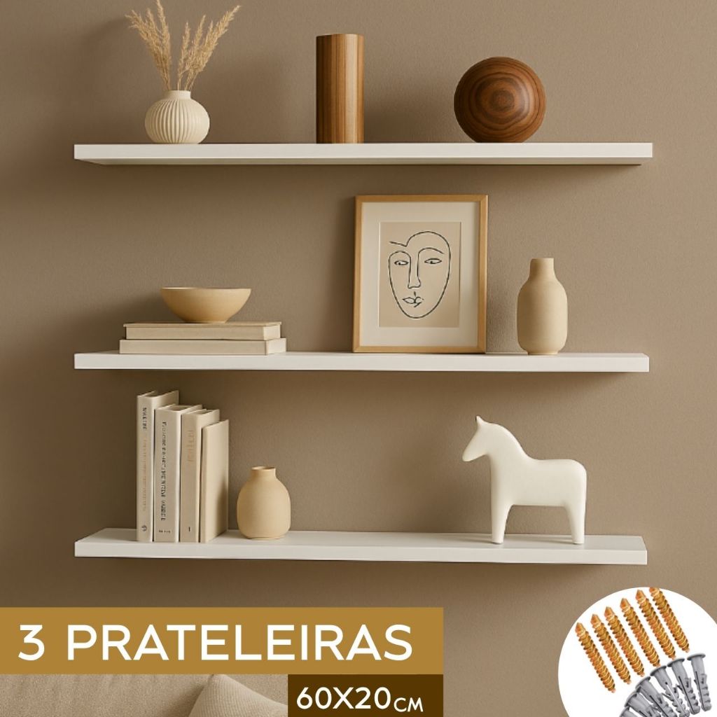 Kit 3 prateleira 60×20 decoração preto ou b