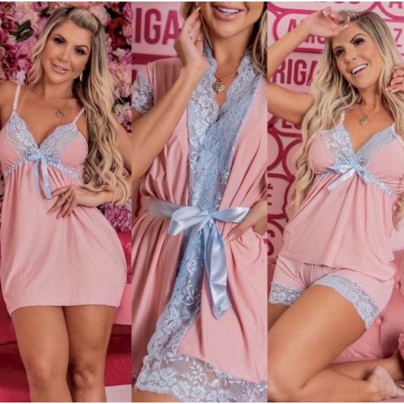 Trio Camisola + Hobby + Baby Doll em Ligante com R