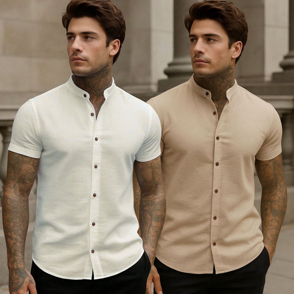 Kit 2 Camisa Social Masculina Linho Gola Padre Man