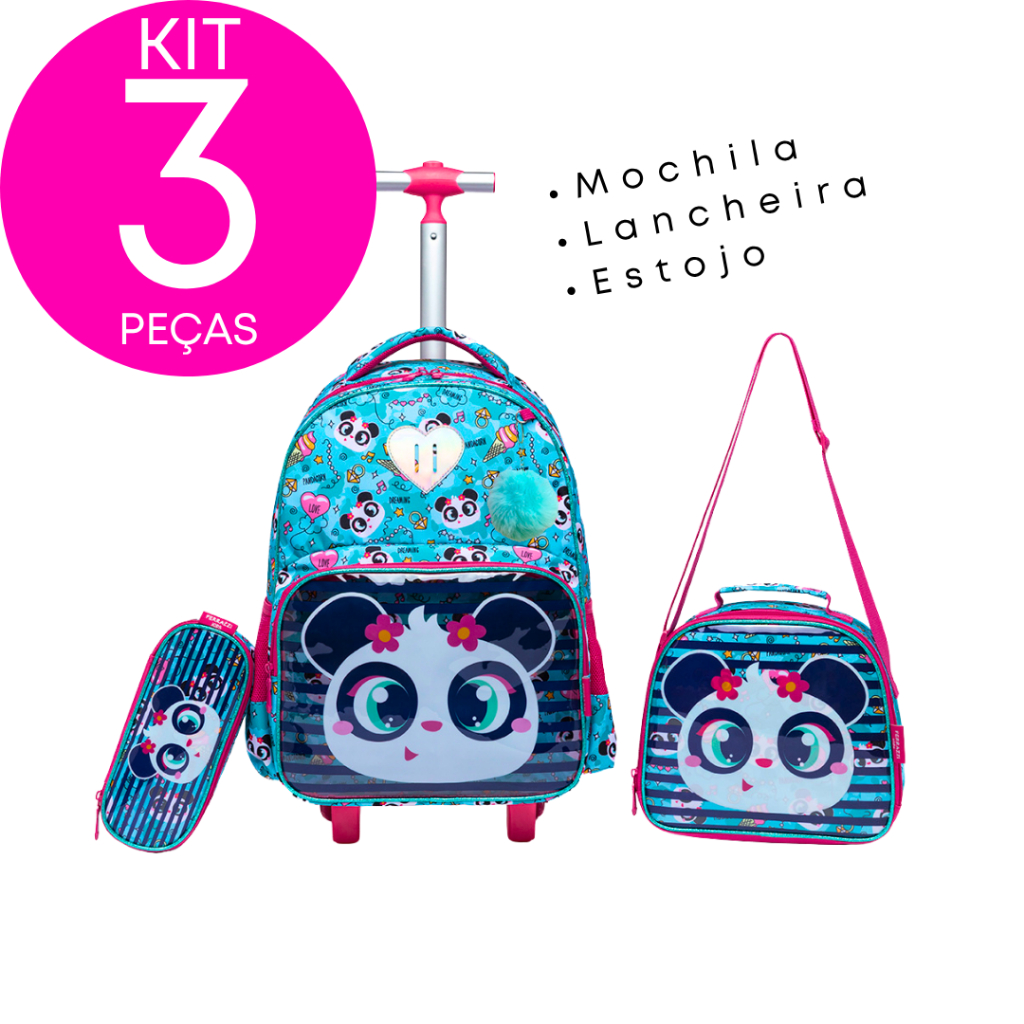 Kit Mochila De Rodinhas Lancheira Estojo Infantil 