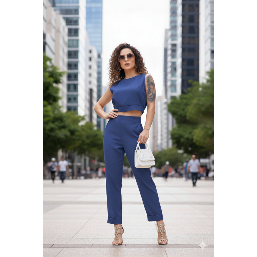 Conjunto Feminino Linho Cropped Estilo Chic Calça