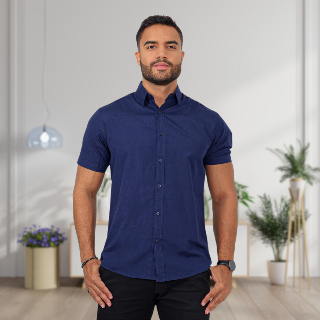 Camisa manga curta slim fit luxo algodão sem bols