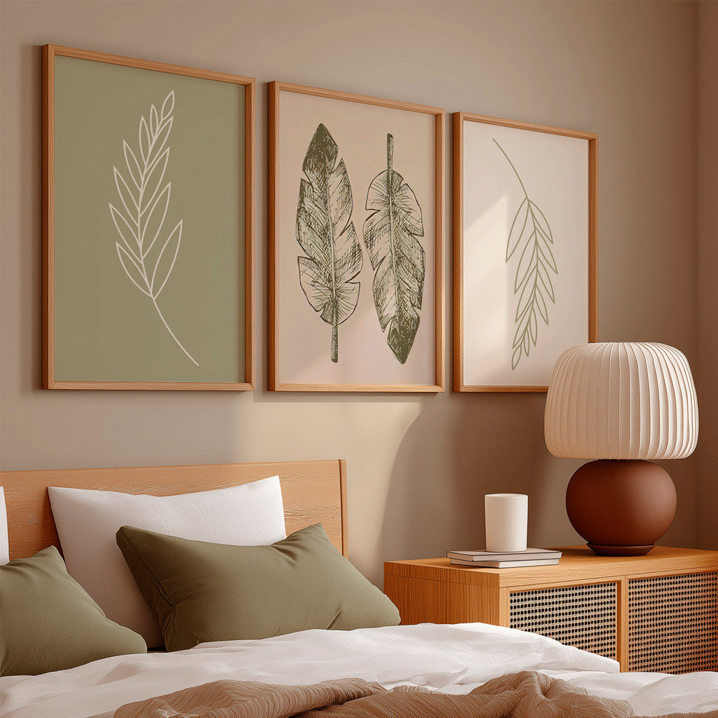 Kit 3 Quadros Decorativo Folha Verde Desenho Minim