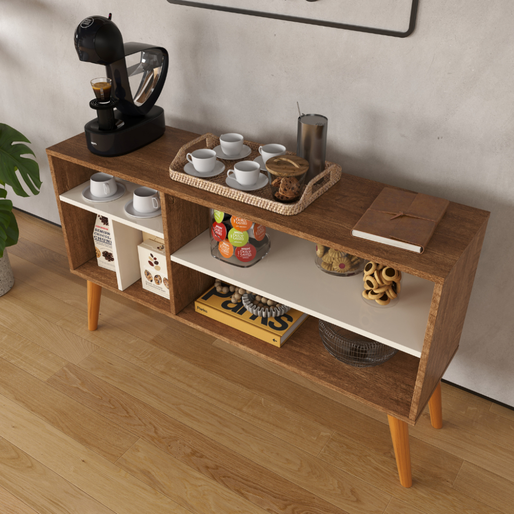 Mesa Lateral Para Café Com Nichos e Prateleiras P