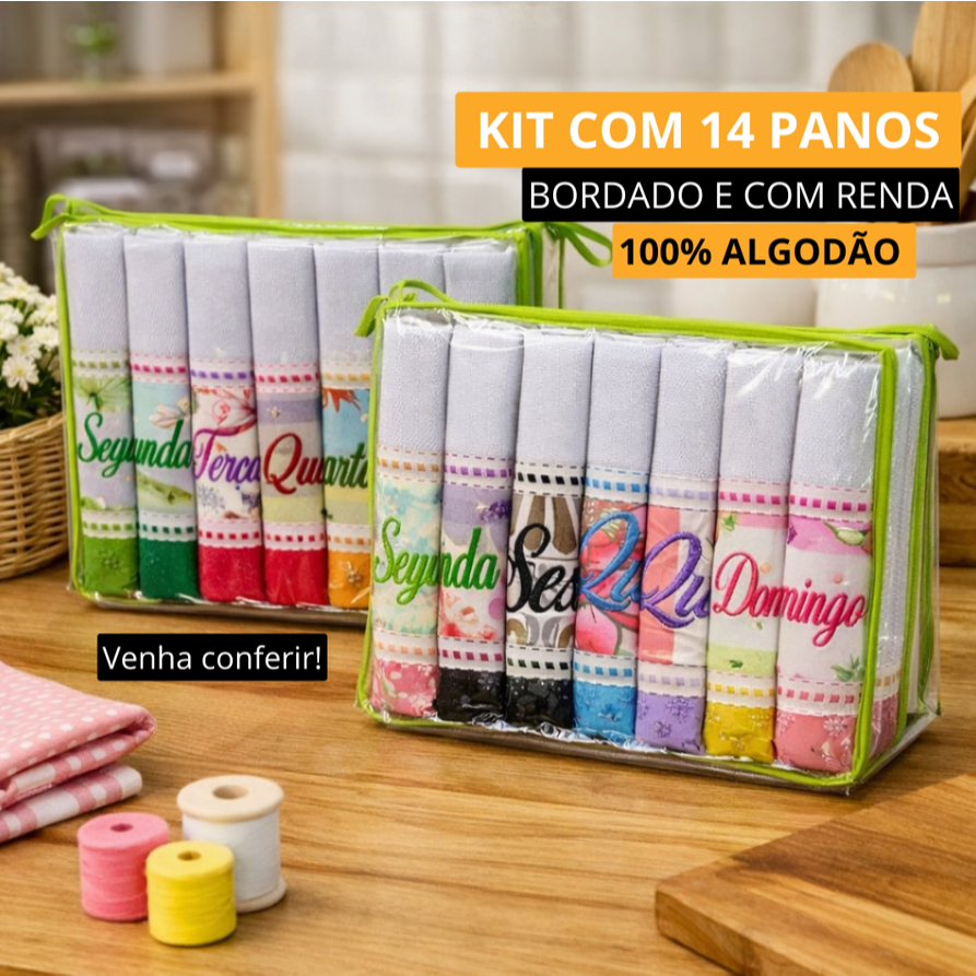 Kit 14 Panos De Prato Semaninha Bordado Com Apliqu
