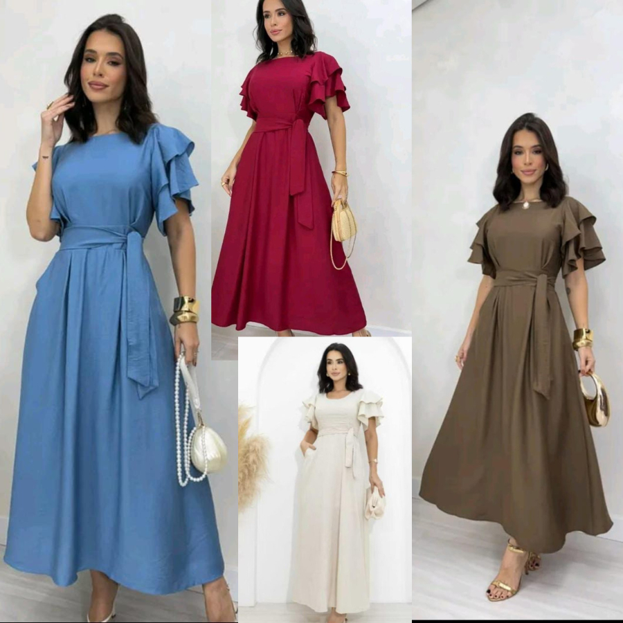 Vestido feminino Babado nas mangas  elegante  luxo