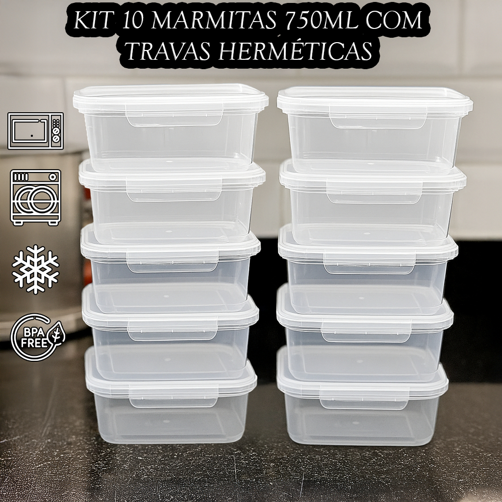 Kit 10 Potes Com Trava 750ml Marmita Fitness Lavav