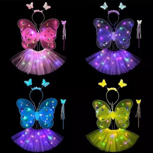 Kit Fantasia Borboleta Fada com Led com Tiara e Sa