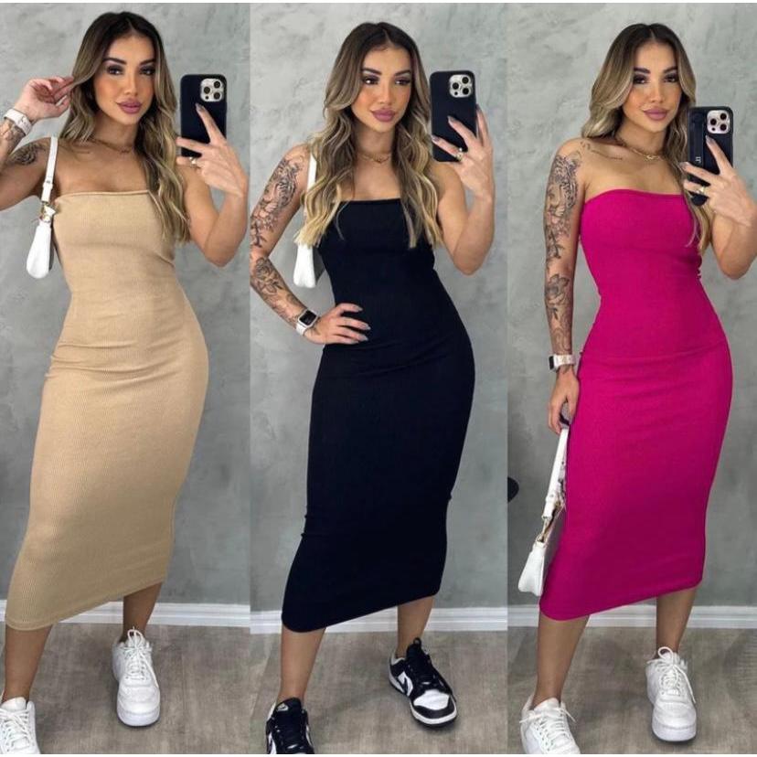 Vestido Feminino Midi Tomara que Caia Canelado Ele