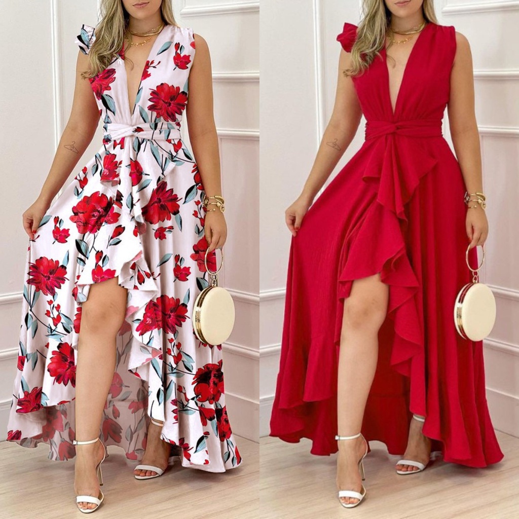 Vestido De Longo Cintura Alta Com Colarinho Vermel