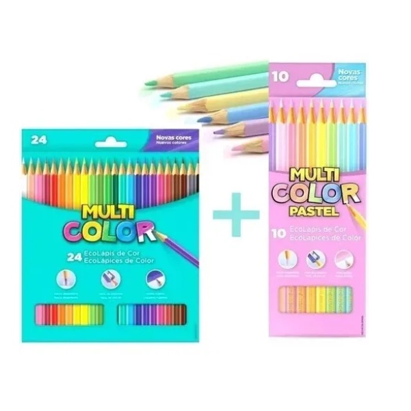 Kit Lápis De Cor Multicolor 24 Cores + 10 Tons Pa