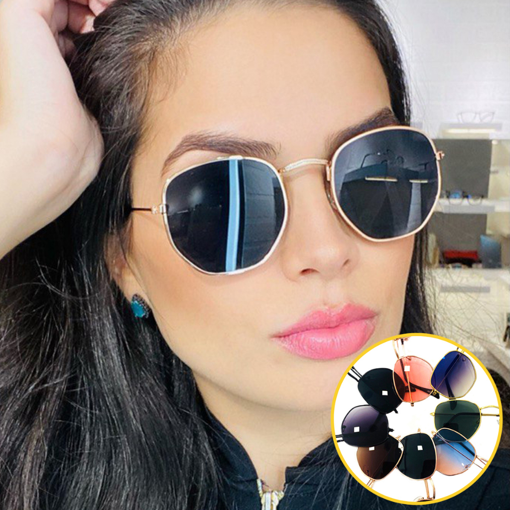 Óculos de Sol Hexagonal Lente Preta com Proteçã