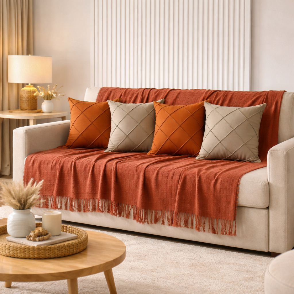 Kit Manta + Capas de Almofada Sued Drapeada Decora