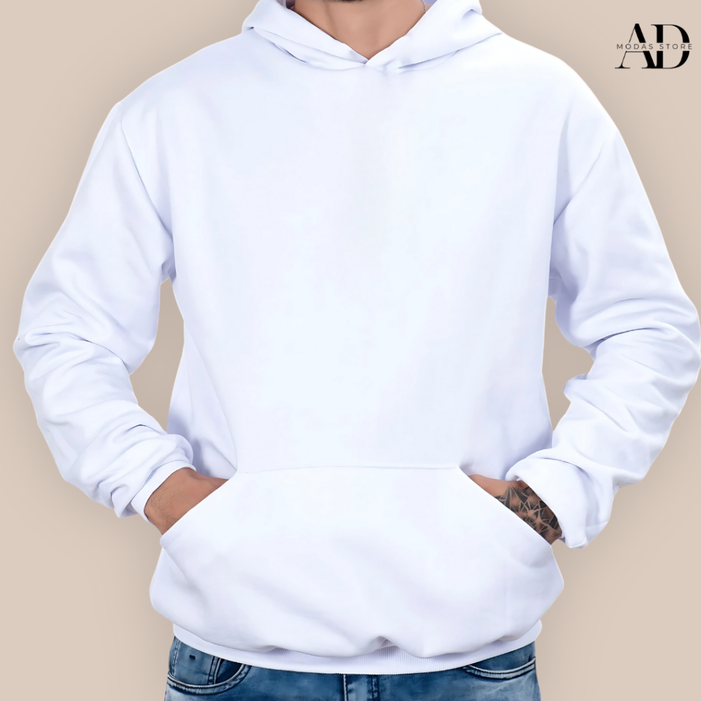 MOLETOM BRANCO BLUSA CANGURU 100% ALGODAO LISO COM