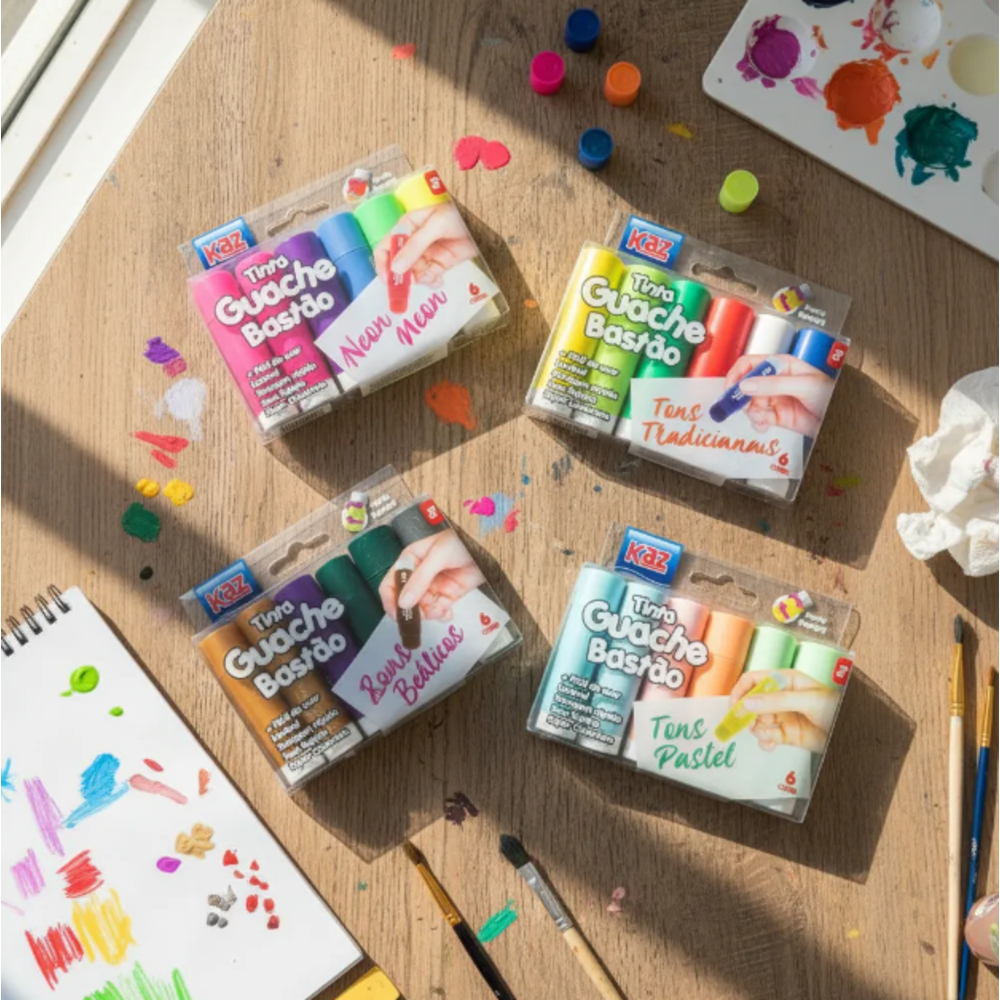 Tinta Bastão Guache 6 Cores Escolar – 4 Ton