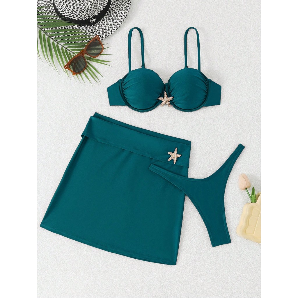 WD VEST Conjunto de Biquíni com Saia e Detalhe de