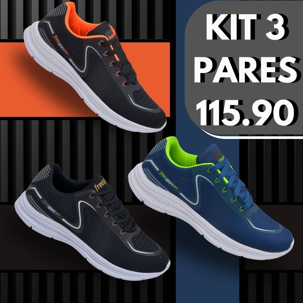 KIT 3 Pares Tênis Masculino Esportivos para Acade