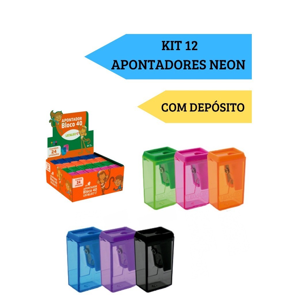 Kit 12 Apontadores Com Depósito Bloco 40  NEON Tr