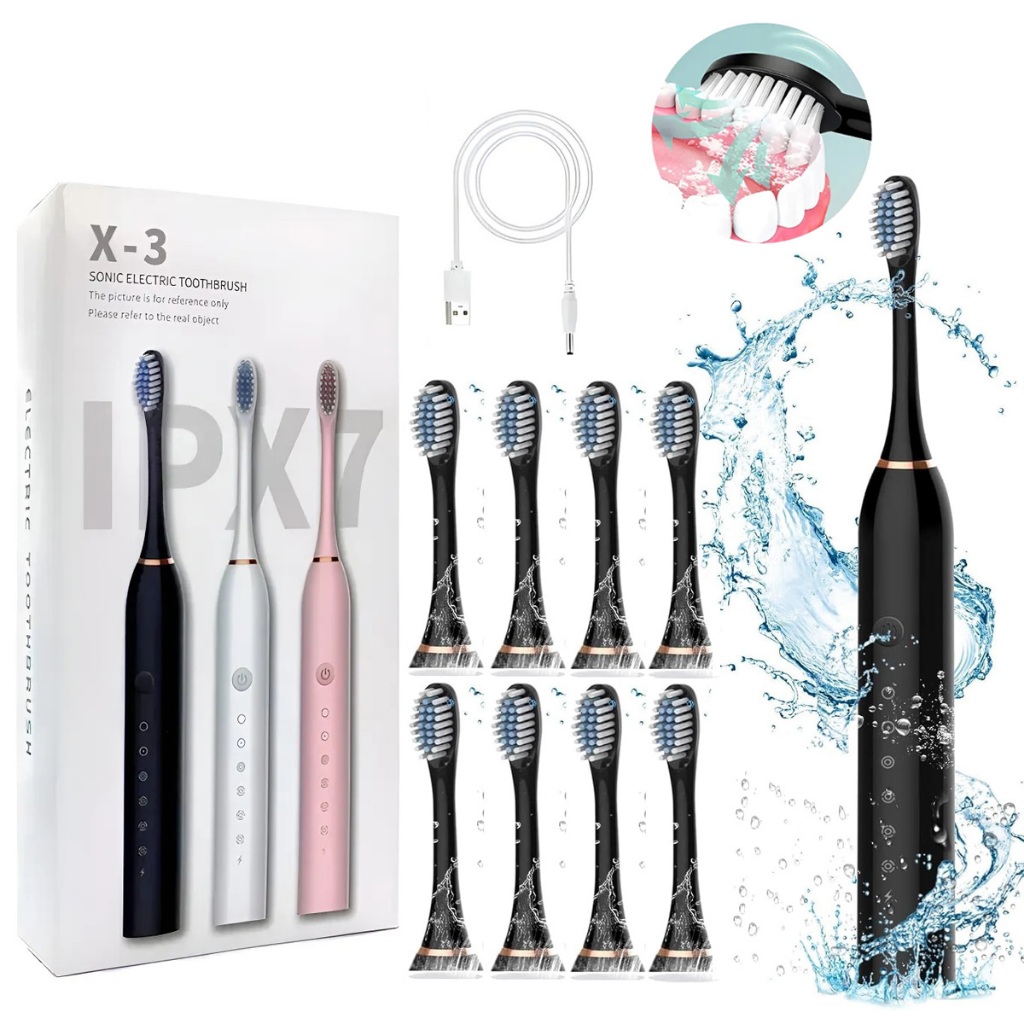 Escova Dental Elétrica Recarregável com 8 Cabeç