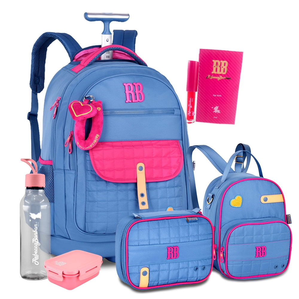 KIT Mochila De Carrinho C/ Chaveiro Pompom Estojo 