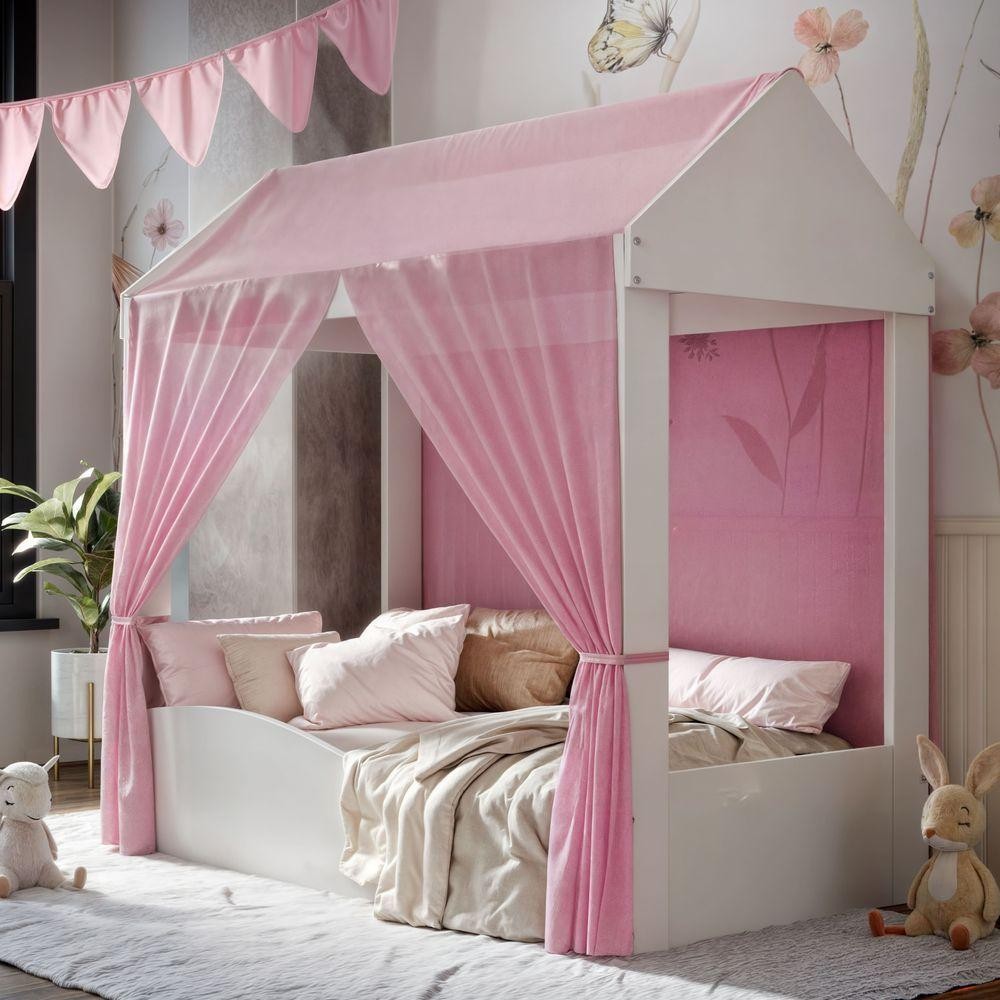 Cama Infantil Colina Casinha Com Voal Branco Rosa