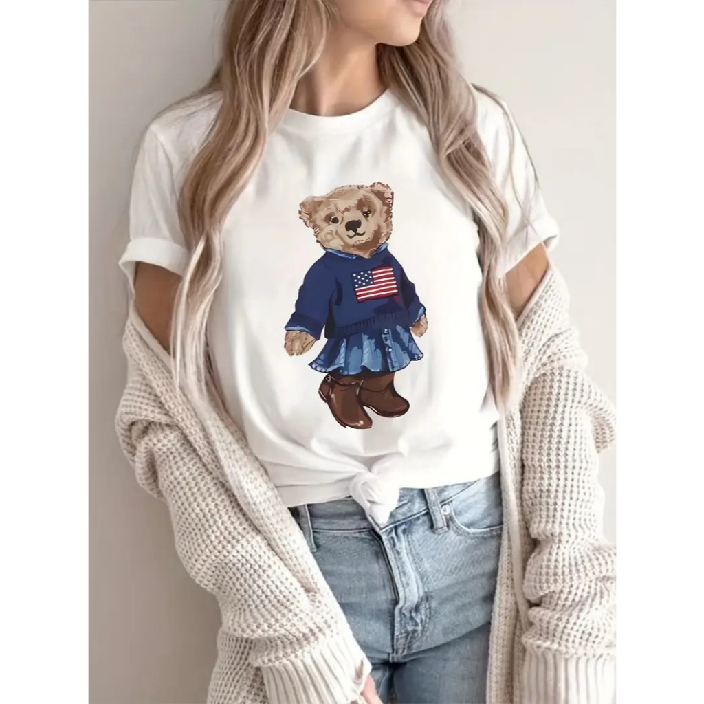Camiseta Básica Urso Usa T-Shirt Feminina Algodã
