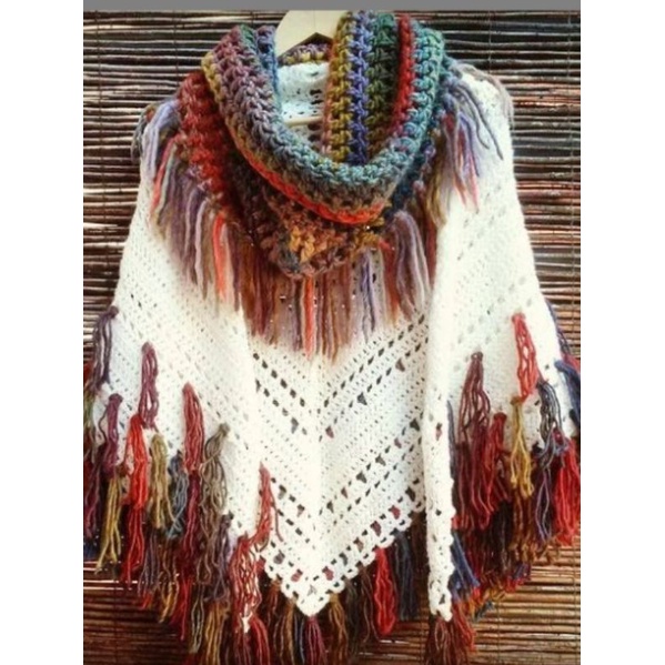 Poncho Indian Crochê Manual Em Lã E Algodão