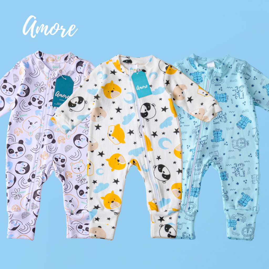 Kit 3 Macacões Bebê Amore Vira Pé com Zíper Ma