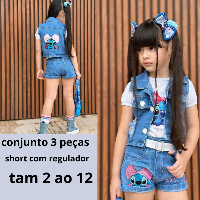 Conjunto Jeans Infantil Feminino 3 Peças  Short c
