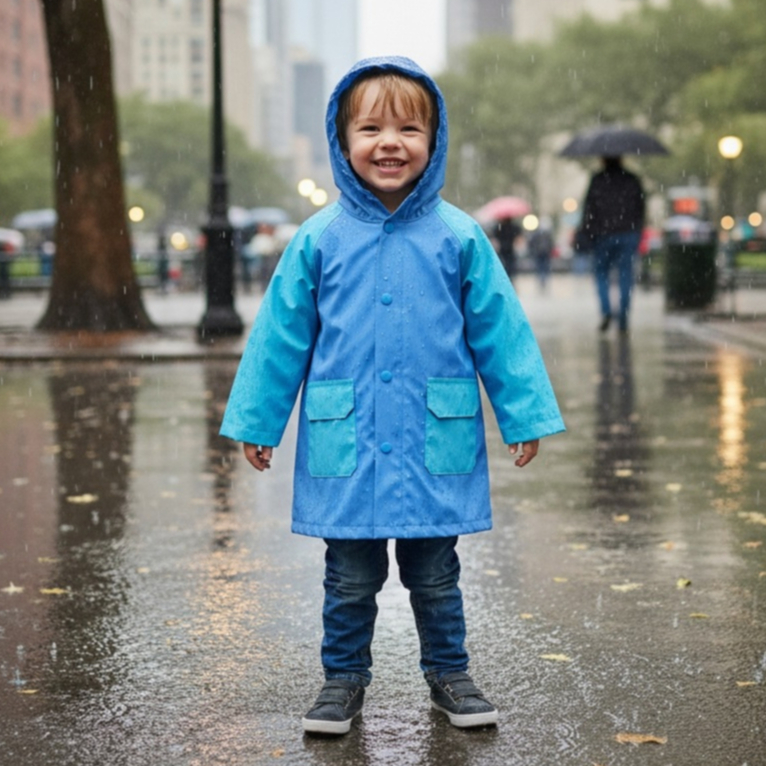 Capa de Chuva Infantil Azul com Capuz e Bolsos  PV