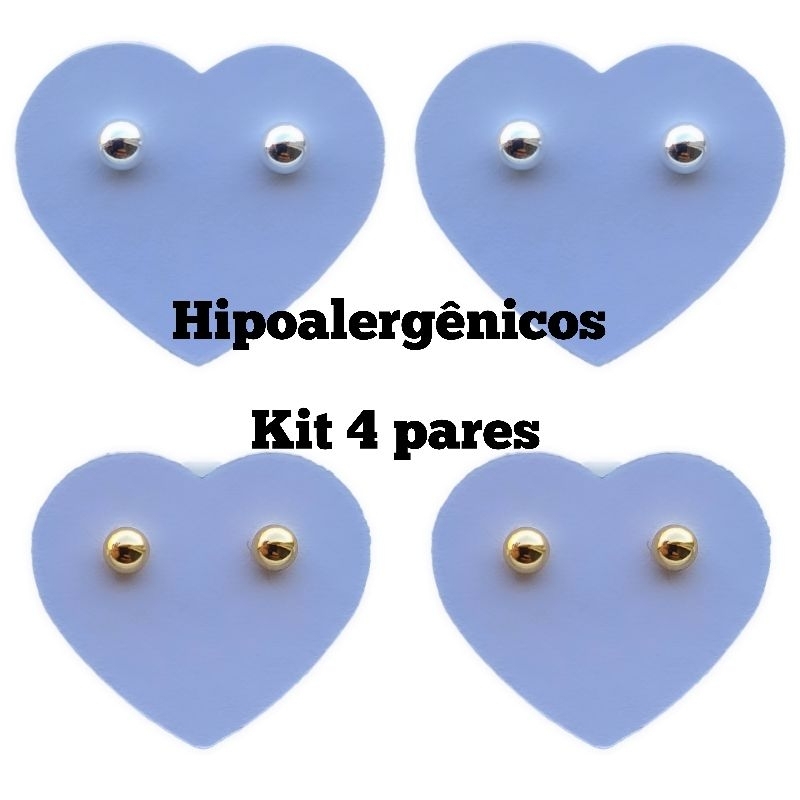 Brinco bolinha 4 pares infantil prata e dourado