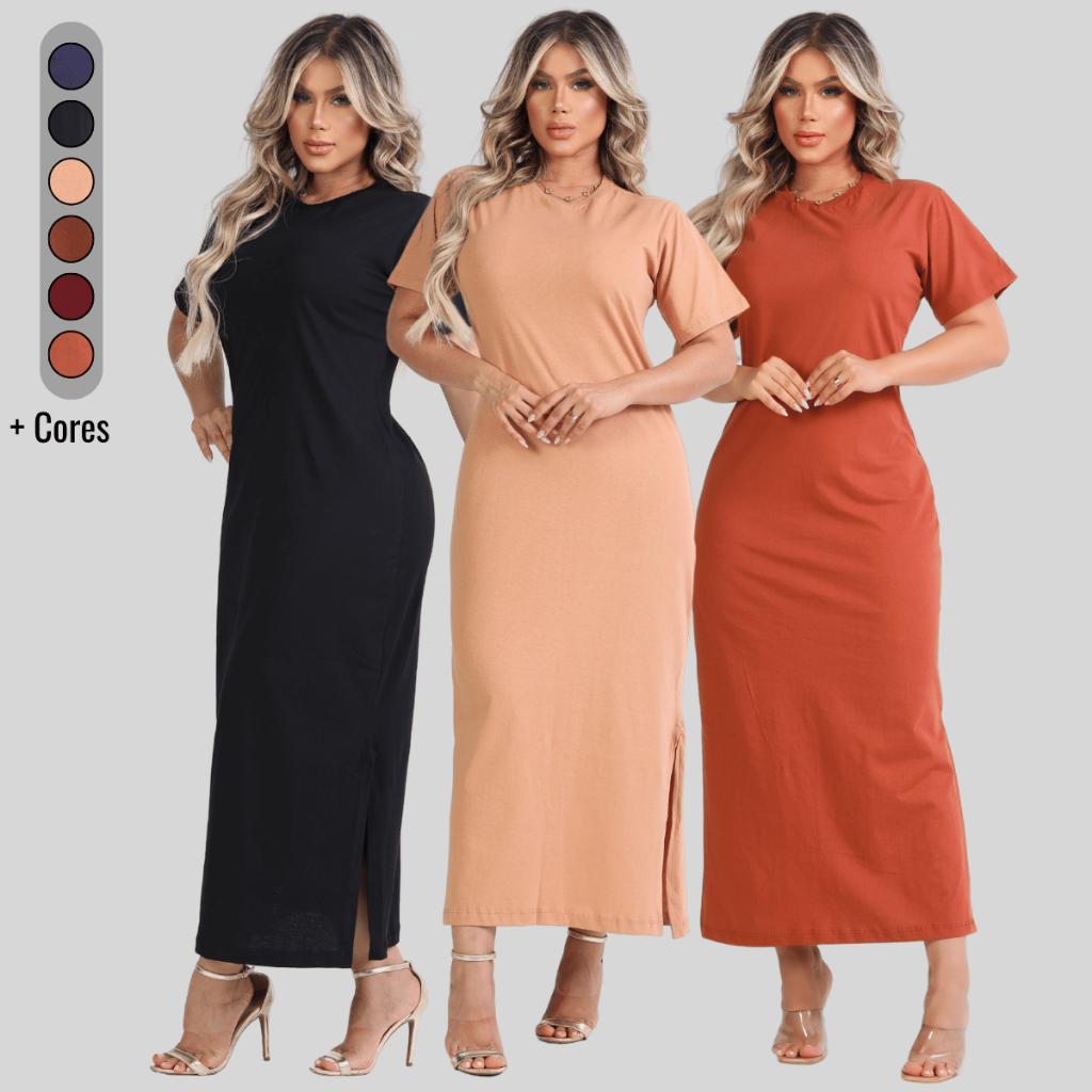 Vestido Feminino Longo Casual Fenda Lateral Algod�