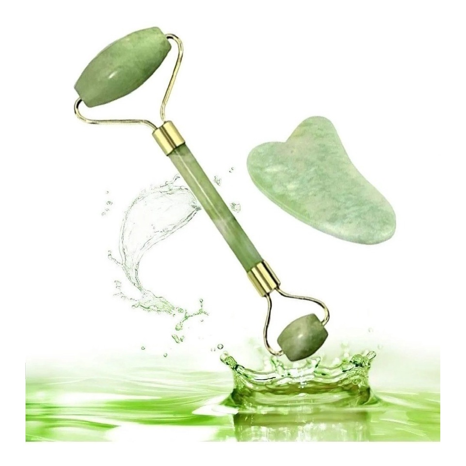 Rolo Pedra de Jade + Placa Gua Sha Massagem Rolinh