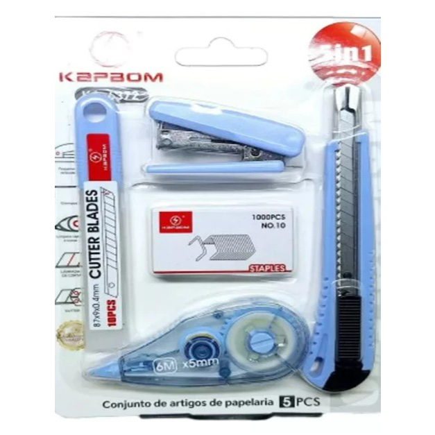 O kit de papelaria inclui grampeador fita corretiv