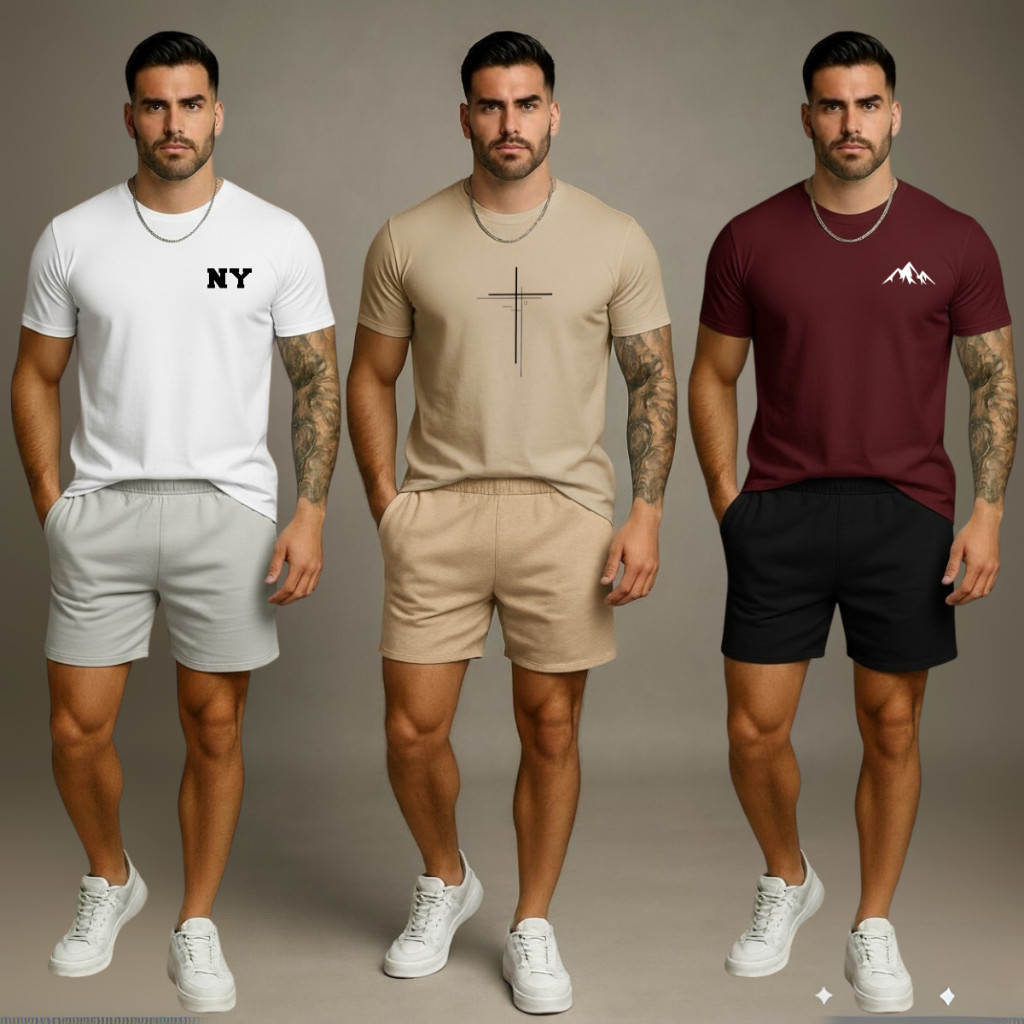 Kit 3 Camisetas Masculino Branco Bege Bordô Algod