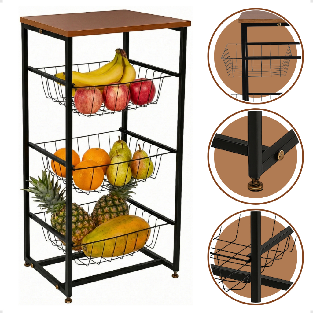 Fruteira de Chão Cozinha Multiuso 3 Andares Cesto