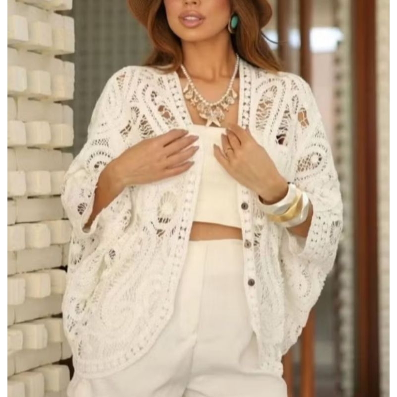 Cardigã Kimono De Renda Com Bordado