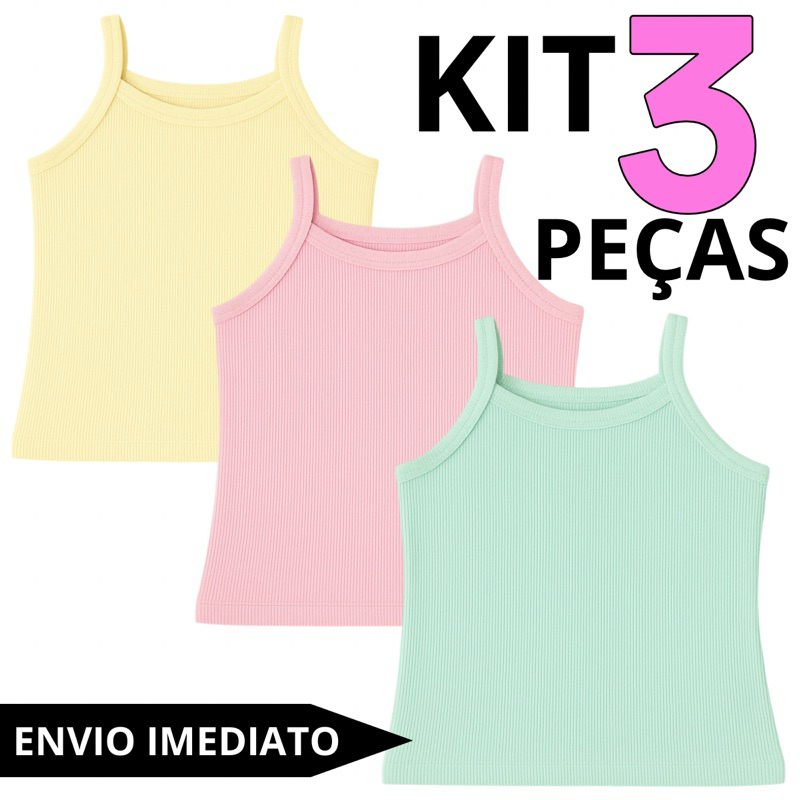 Kit 3 Blusa Regata de Alcinha Ribana Cores Sortida