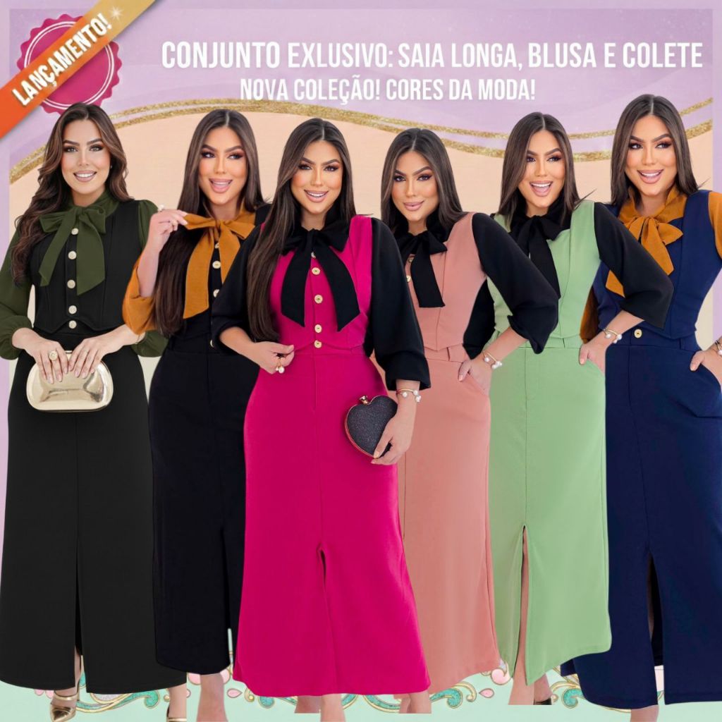 CONJUNTO ELEGANTE 3 PEÇAS: SAIA LONGA, COLETE E B