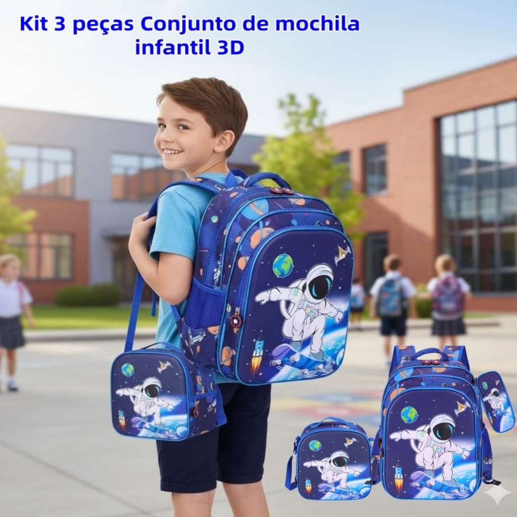 Kit 3 Escolar Infantil Bolsa Lancheira Estojo Esta