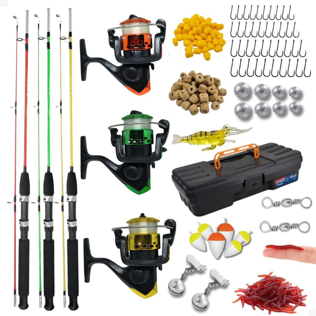 Kit de Pesca Barato 3 Vara 1,35 Fibra Vidro Maciç