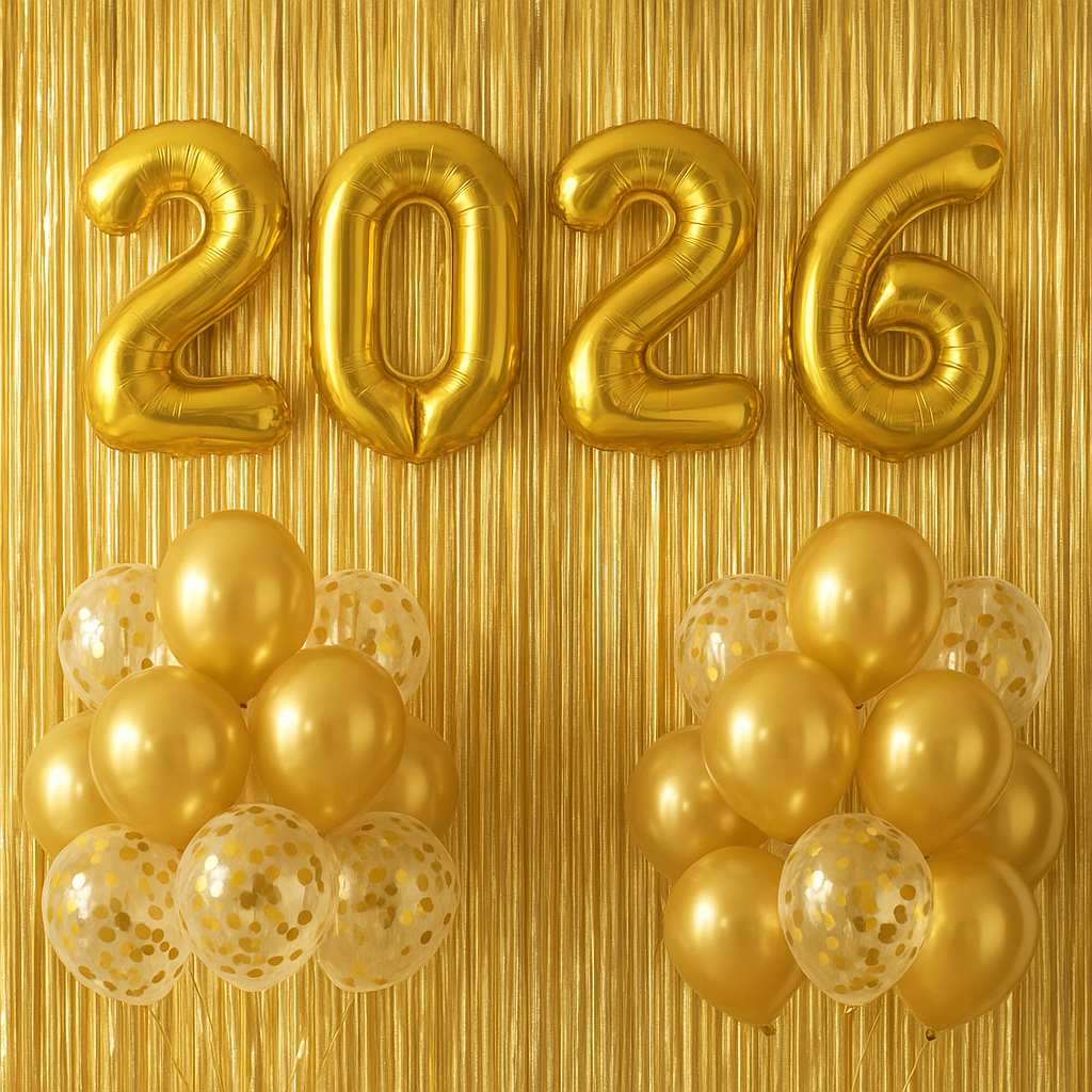 Kit Ano Novo Balão 2026 + 10 Bexigas + 2 Cortinas
