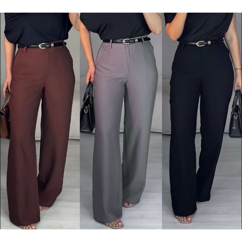 Calça Wide Leg Tecido Alfaiataria Casual Pantalon