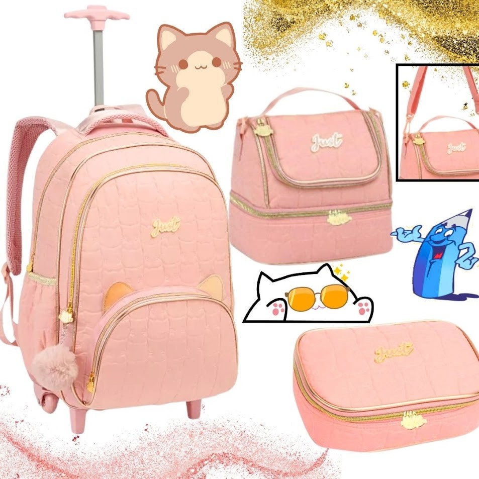 KIT MOCHILA RODINHAS COM LANCHEIRA E ESTOJOFEMININ