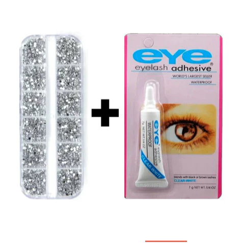 Kit Estojo Strass Prata Maquiagem + Cola Para Cíl