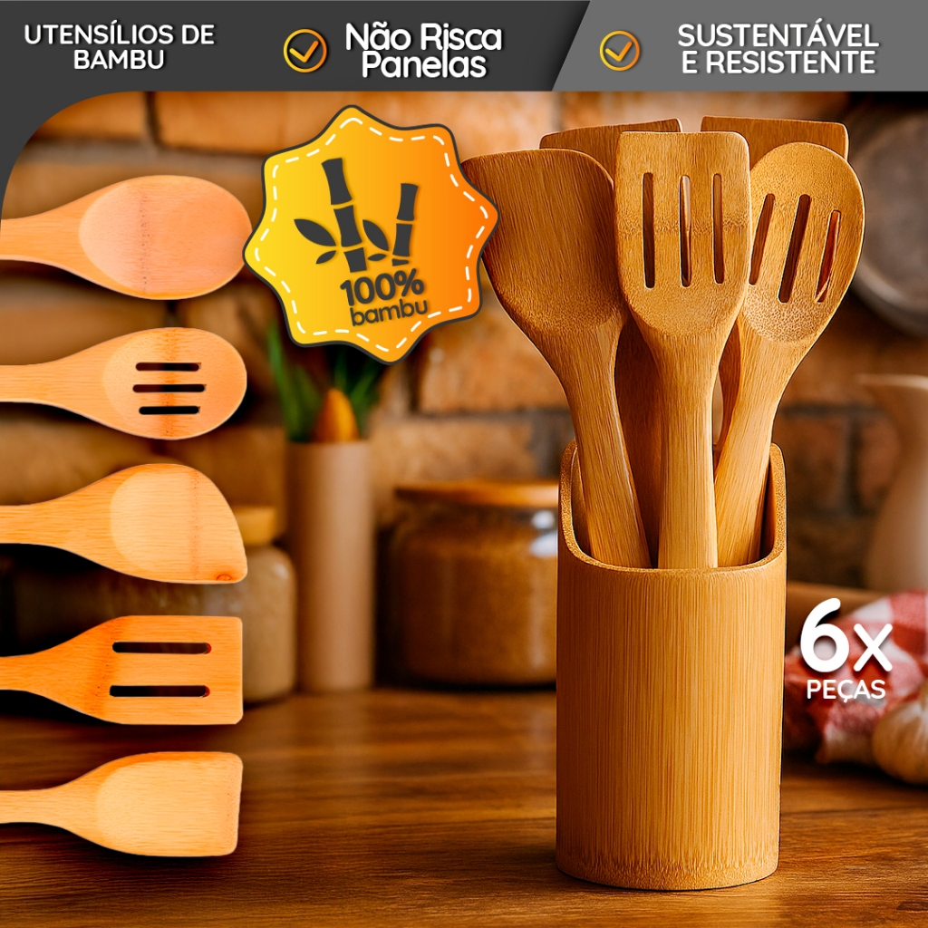 Kit 6 Utensílios de Bambu com Suporte  Cozinha Na