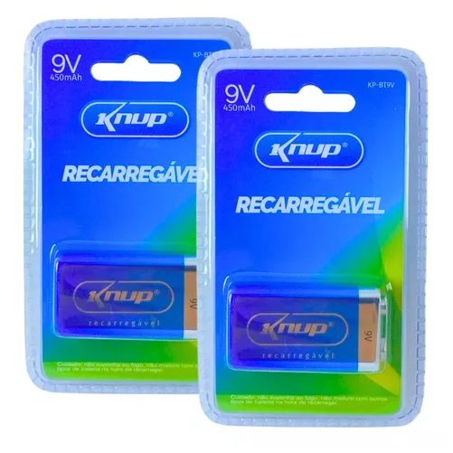 Kit 2 Baterias Recarregável 9 Volts Knup 9v 450ma